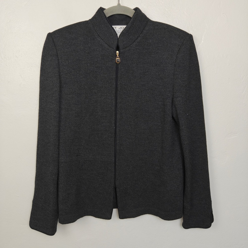 Vintage St John Womens Jacket 2 Gray Santana Knit Mock Neck Full Zip Luxury